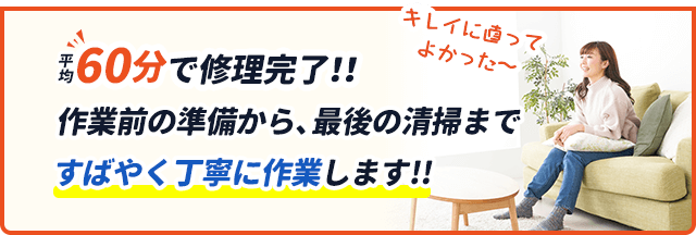 平均60分で修理完了。作業前の準備から、最後の清掃まで素早く丁寧に作業します。